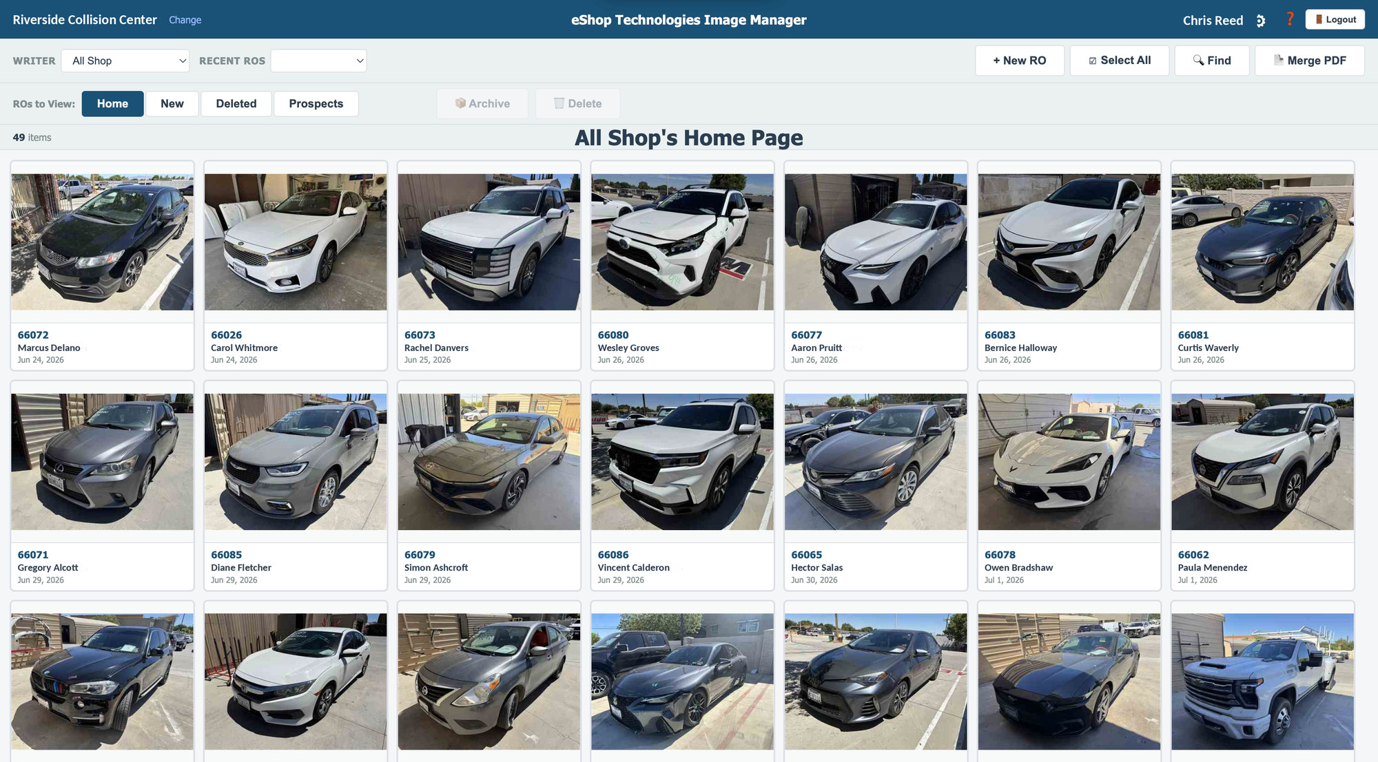eShop Image Manager home page showing a grid of repair orders, each with a vehicle photo, RO number, customer name and date